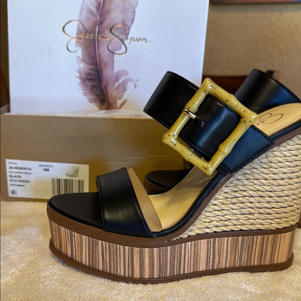 Jessica Simpson Black Wedge Sandals with Stylish Buckle